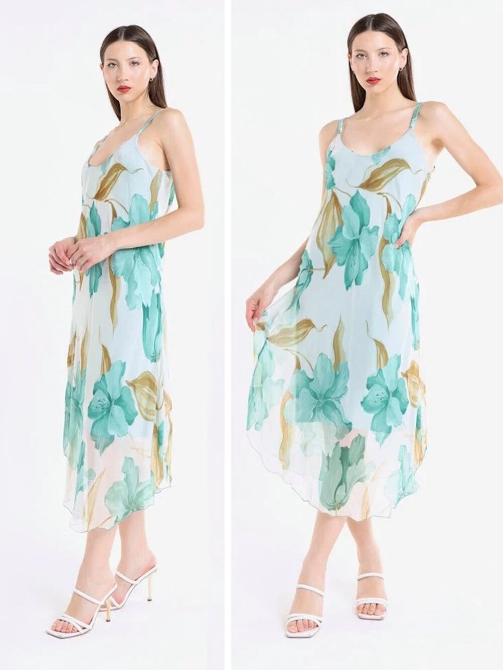TINA Stephens Rachel Iris Print Silk Midi Dress Turquoise O/S